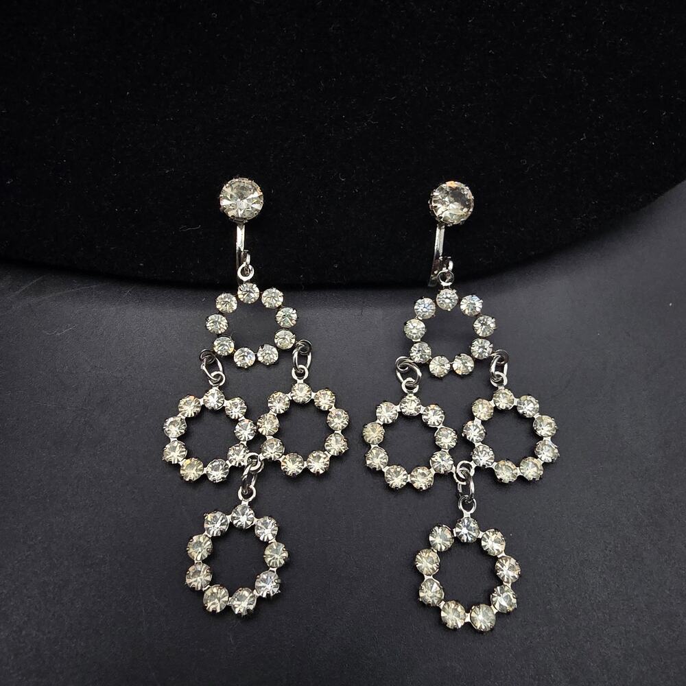 Clear Rhinestone Dangle Drop Clip On Earrings Round Circle Link Vintage